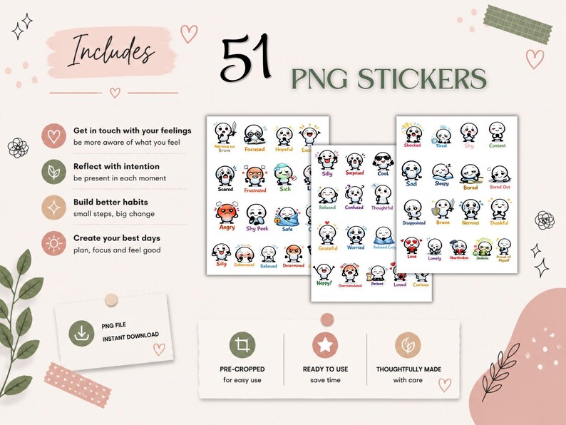 ADHD Mood Stickers PNG | 51 Emotion Planner Stickers | Neurodivergent ...
