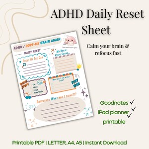 ADHD Daily Reset Sheet Printable, Brain Dump Worksheet, Goodnotes iPad Planner, Focus Organizer, Instant Download