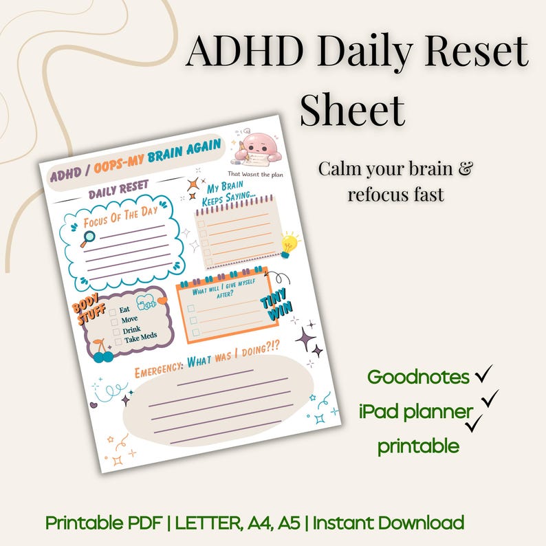 ADHD Daily Reset Sheet Printable, Brain Dump Worksheet, Goodnotes iPad ...