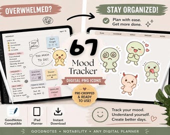 Daily Pre cropped Mood Tracker Stickers for Digital Planner | Goodnotes PNG Stickers | Digital Planner PNGs