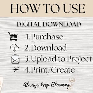 May include: An instructional graphic for a digital download featuring the text HOW TO USE and DIGITAL DOWNLOAD. It lists four steps: 1. Purchase with a shopping cart icon, 2. Download with a cloud icon, 3. Upload to Project with an envelope icon, and 4. Print/Create with a sparkle icon. The text Always keep Blooming is at the bottom.