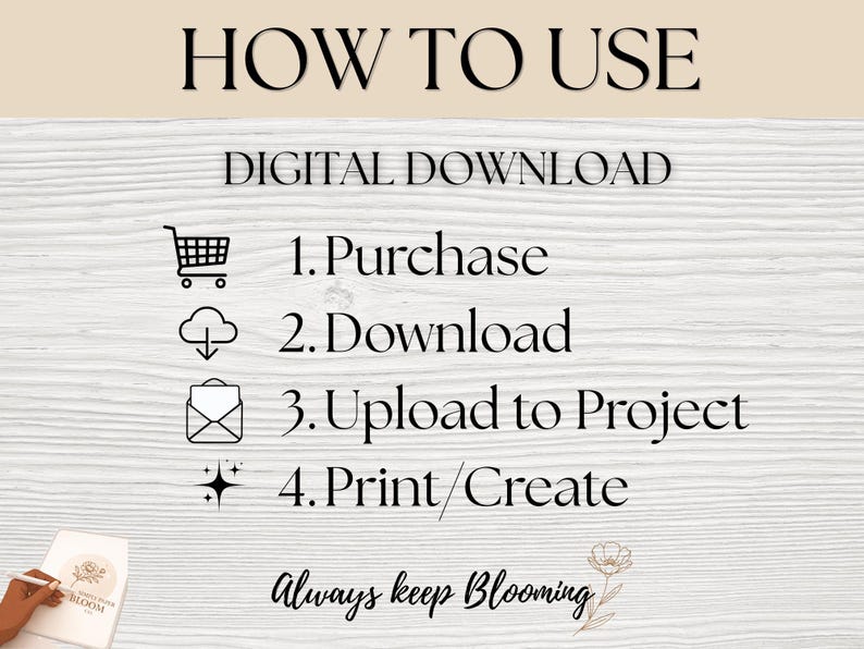May include: An instructional graphic for a digital download featuring the text HOW TO USE and DIGITAL DOWNLOAD. It lists four steps: 1. Purchase with a shopping cart icon, 2. Download with a cloud icon, 3. Upload to Project with an envelope icon, and 4. Print/Create with a sparkle icon. The text Always keep Blooming is at the bottom.