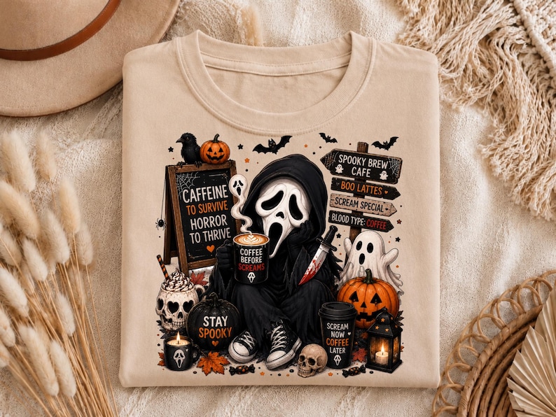 May include: A beige t-shirt featuring a graphic of a hooded figure with a white mask holding a coffee mug and a knife. The design includes a chalkboard with the text CAFFEINE TO SURVIVE HORROR TO THRIVE, a sign for SPOOKY BREW CAFE, pumpkins, a ghost, and skulls.