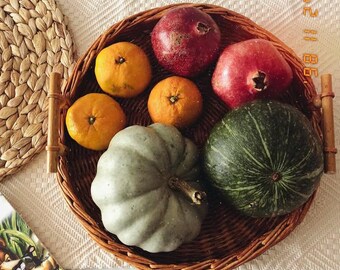 Handmade wicker serving tray with beaded handles, wowen coffee table decor, raund