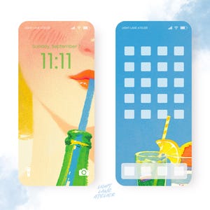 Peut inclure: Deux illustrations d'écran de smartphone. La première montre un visage avec une boisson, l'heure 11h11 et le texte "LIGHT LANE ATELIER". La seconde montre un fond bleu avec des icônes d'applications et une boisson avec une paille. Le texte "LIGHT LANE ATELIER" est en bas.
