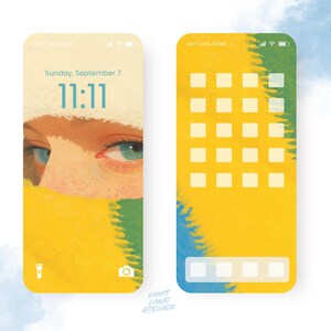 May include: Digital artwork of two smartphone screens. One shows a person's eyes and the time 11:11, the other displays app icons. The screens are yellow, green, and blue with the text "LIGHT LANE ATELIER".