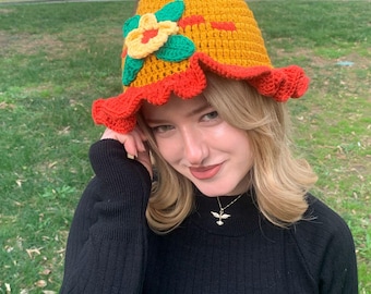 Orange Blossom Crochet Bucket Hat, Blossom Motif Crochet Hat, Retro Flower Bucket, Unique Handmade Crochet