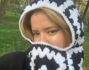 Vintage Balaclava, Striped Crochet Winter Hood, Soft Yarn Face Mask, Handmade Cold Weather Gear, Oversize Balaclava