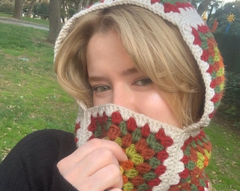 Thick Yarn Crochet Balaclava, Handmade Winter Ski Hood, Soft Warm Face Mask, Retro Patchwork Balaclava, Oversize Balaclava