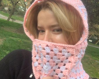 Boho Crochet Balaclava, Patchwork Retro Ski Hood, Colorful Cozy Winter Mask, Soft Handmade Cover, Oversize Balaclava