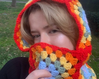 Crochet Granny Balaclava, Patchwork Knit Winter Hood, Handmade Warm Ski Mask, Colorful Cozy Face Cover, Boho Oversize Balaclava