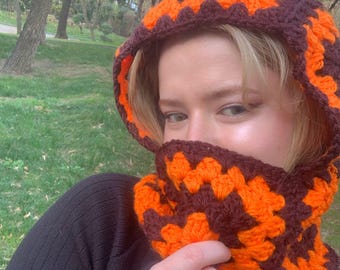 Chunky Crochet Balaclava, Thick Textured Winter Hood, Cozy Handmade Ski Mask, Patchwork Warm Cover, Oversize Balaclava