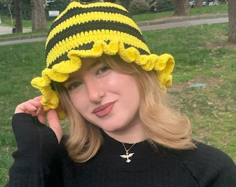 Bee Handmade Knitted Hat, Bee Design Knit Hat, Unique Handmade Knitted Style