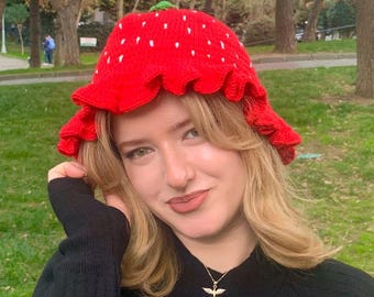 Strawberry Crochet Bucket Hat, Handmade Strawberry Motif Hat, Boho Crochet Bucket