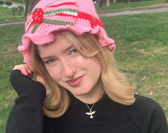 Pink Ribbon Crochet Bucket Hat, Crochet Ribbon Bucket, Minimal Handmade Crochet Hat