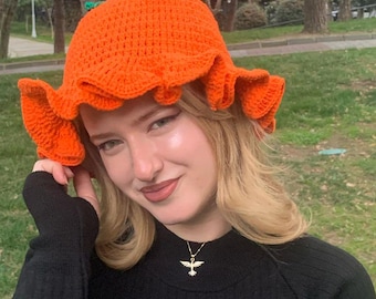 Orange Blossom Crochet Bucket Hat, Blossom Motif Crochet Hat, Artisan Bucket, Handmade Bucket Style