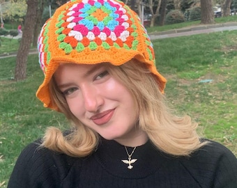 Vintage Motif Crochet Bucket Hat, Handmade Retro Flower Hat, Boho Summer Sun Hat, Colorful Cotton Cap