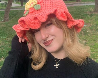 Floral Crochet Bucket Hat, Handmade Flower Bucket Hat, Colorful Crochet Hat, Boho Crochet Accessory