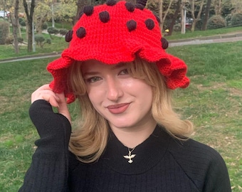 Ladybug Crochet Bucket Hat, Cute Ladybug Crochet Hat, Artisan Bucket Style, Colorful Handmade Bucket