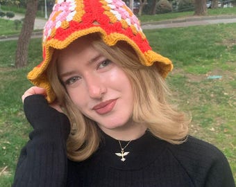 Crochet Square Bucket Hat, Handmade Colorful Festival Style Organic Cotton