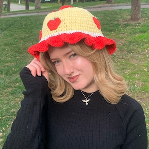 Lemon Strawberry Crochet Bucket Hat, Colorful Crochet Handmade Hat, Fruit Design Bucket Hat, Cute Crochet Accessor