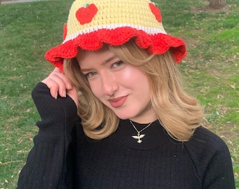 Lemon Strawberry Crochet Bucket Hat, Colorful Crochet Handmade Hat, Fruit Design Bucket Hat, Cute Crochet Accessor