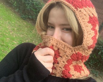 Crochet Balaclava, Colorful Granny Square Hood, Patchwork Winter Mask, Handmade Cozy Ski Hood, Oversize Balaclava