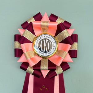 May include: A multi-layered award rosette featuring deep burgundy, coral pink, and metallic gold ribbons. The center button displays the American Kennel Club logo with the text "AMERICAN KENNEL CLUB FOUNDED 1884". Three long streamers hang below, with the gold-printed text "RALLY NOV" and three small stars.