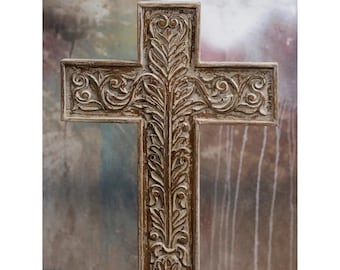 Hand Carved Wooden Cross | Rustic Christian Wall Decor | Vintage Distressed Wood Religious Art