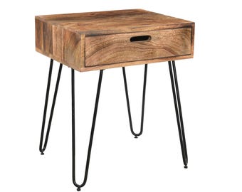 Handmade Mango Wood Bedside Table with Drawer Hairpin Leg Side Table