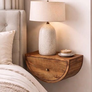 引き出し付きハーフムーンフローティングナイトスタンド、湾曲した壁掛け木製ベッドサイドテーブル、無垢材ナイトシェルフ