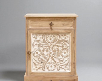 Mesita de noche de madera tallada a mano / Mesa de noche de madera maciza con cajón y armario / Muebles de dormitorio rústicos de estilo bohemio