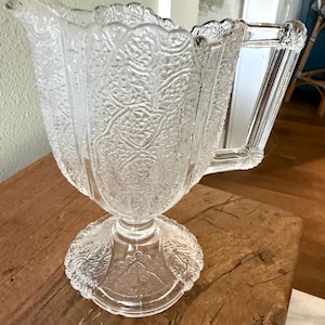 Vintage Pressed Glass Pedestal Creamer Pitcher, Scalloped Rim Textured Glass, French Farmhouse Decor, Cottage Table Styling Vessel
