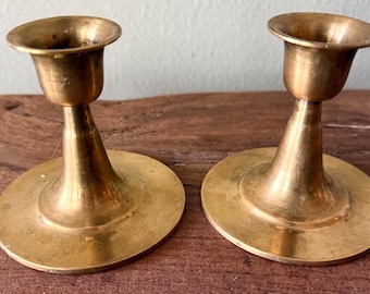 Vintage Brass Candlestick Holders Pair, Mid Century Minimal Brass Candle Sticks, Petite Taper Holders, Warm Patina Decor