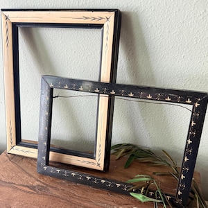 Antique Ebonized Picture Frames, Set of Two, 1930s Black and Cream Painted Wooden Frames, Collected Folk Art Wall Decor