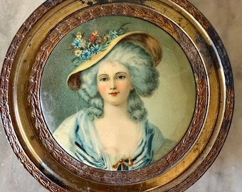 Vintage Portrait Powder Jar | Romantic Lady Vanity Dish with Glass Lid | Antique Style Trinket Box