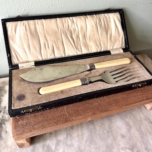 Antique 1930s Fish Serving Set in Original Box, Ivorine Handle Fish Knife and Fork, Art Deco Stainless Nickel Hostess Set