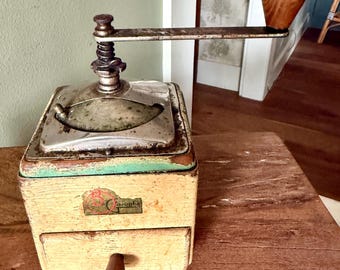 Vintage Hand Crank Coffee Grinder, Mid Century European Painted Wood Coffee Mill, Rustic Primitive Kitchen Decor, Original Label Grinder