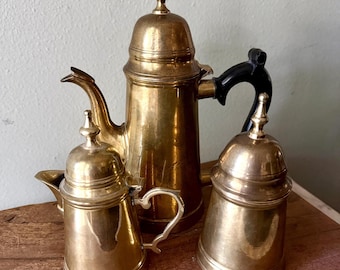 Vintage Brass Tea Set India 3 Piece Coffee Service Mid Century Indian Brass Teapot Creamer Sugar Bowl