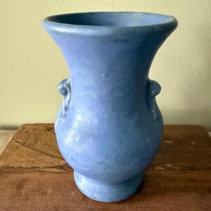 Vintage Periwinkle Blue Art Pottery Vase, Matte Glaze Scroll Handle Urn, Mid Century Ceramic Flower Vase