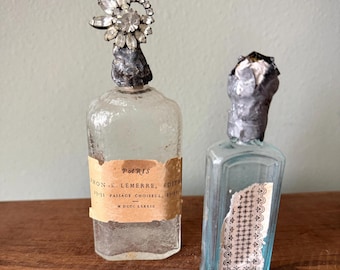 French Inspired Decorative Glass Bottles | Vintage Assemblage Apothecary Decor | Old World Vanity Shelf Styling | Set of Two