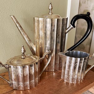 Vintage Silver Plate Tea Set, Godinger Coffee Pot Sugar Creamer Set, Fluted Silver Teapot with Black Handle, Traditional English Service