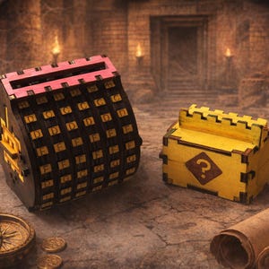 Puede incluir: Imagen de dos cajas de rompecabezas de madera, una negra y rosa con diales con letras, y una caja amarilla con un signo de interrogación. Una brújula, monedas y pergaminos enrollados sugieren un tema de búsqueda del tesoro.