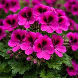 May include: Close-up of vibrant pink geranium flowers with dark centers. The flowers have five petals and are surrounded by green foliage. The image showcases a cluster of blooming flowers, highlighting their color and detail.