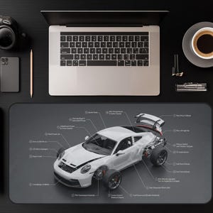 May include: Overhead shot of a black desk with a laptop, coffee cup, notebook, and a white sports car diagram mousepad. Other items include a camera, phone, pencil, and small plants. The car diagram shows various car parts.