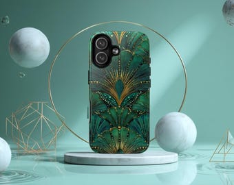 Etui na telefon w kolorze szmaragdowo-zielonym w stylu art déco | Nowoczesny złoty wzór Bloom
