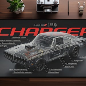 May include: Black mousepad featuring a transparent illustration of a Dodge Charger with labeled parts. The word "CHARGER" is in large red letters. The mousepad is surrounded by office supplies, including a red mouse, notebooks, and a camera.