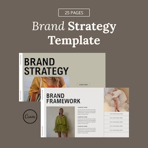 May include: A digital Brand Strategy Template with 25 pages. The template features the words "Brand Strategy Template" in large font. The template includes images and text placeholders. The Canva logo is visible.