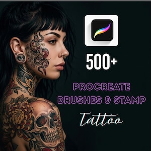 May include: Image featuring a person with extensive tattoo art, including a skull and floral designs. The image also displays the Procreate app logo, the number "500+", and the words "PROCREATE BRUSHES & STAMP Tattoo". The background is dark.