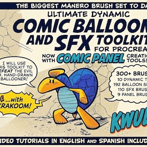May include: Comic-style toolkit for Procreate, featuring dynamic balloons and SFX. The image includes a cartoon turtle character and text that reads "Ultimate Dynamic Comic Balloons and SFX Toolkit for Procreate!" and "300+ Brushes".